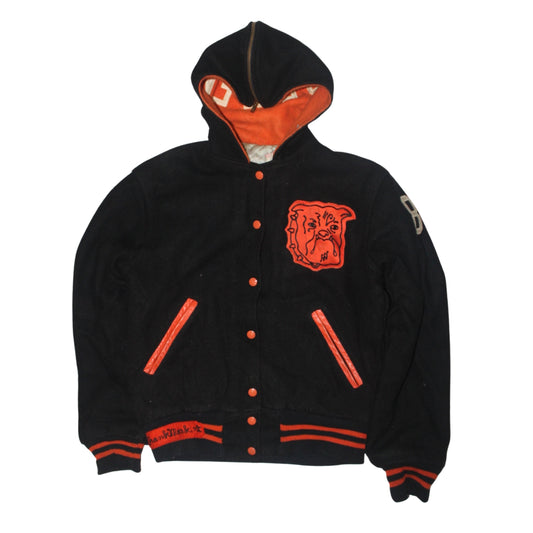1980S BULLDOG PATCH ZIP-HOOD VARSITY JACKET