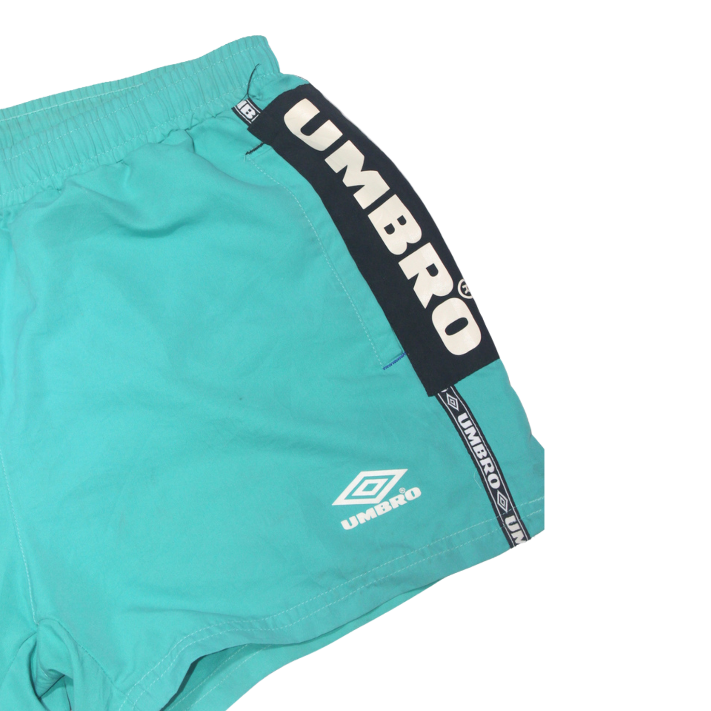 90S UMBRO TEAL SPELLOUT FOOTBALL SHORTS